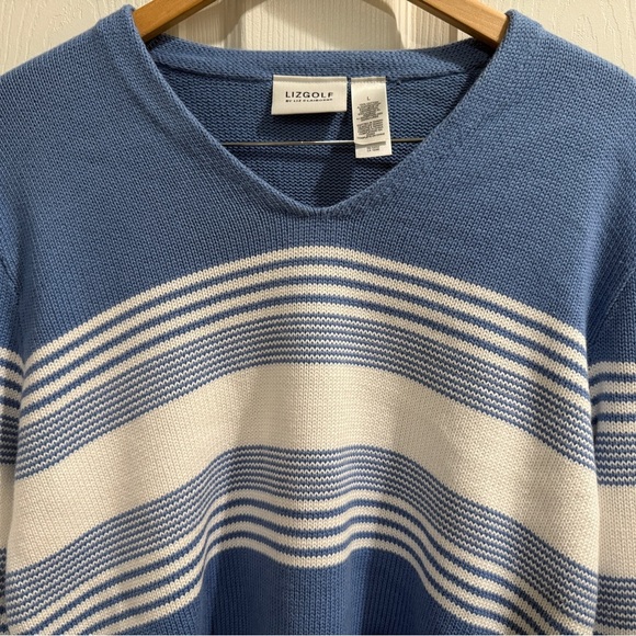 Liz Golf LNWOT Blue and White V-Neck Sweater 100% Cotton Country Club Classic - Picture 1 of 6